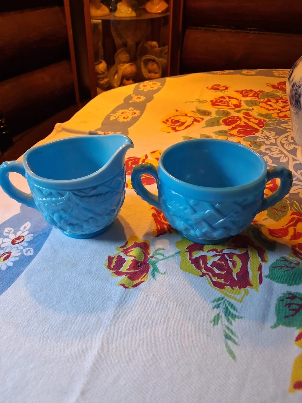 Blue Milk Glass Creamer And Sugar Set